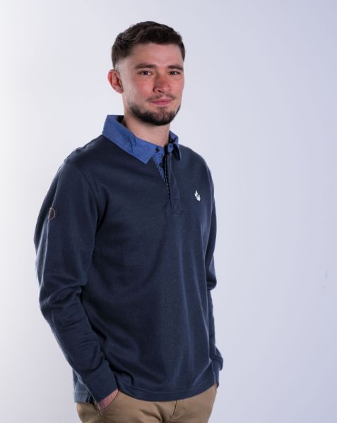 Image de Sweat col polo jeans unité -  M MARINE/ BLANC
